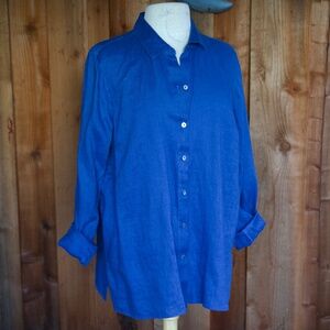 J.Jill 100% Linen Cobalt Blue Long Sleeve Button Down Shirt Woman's L
